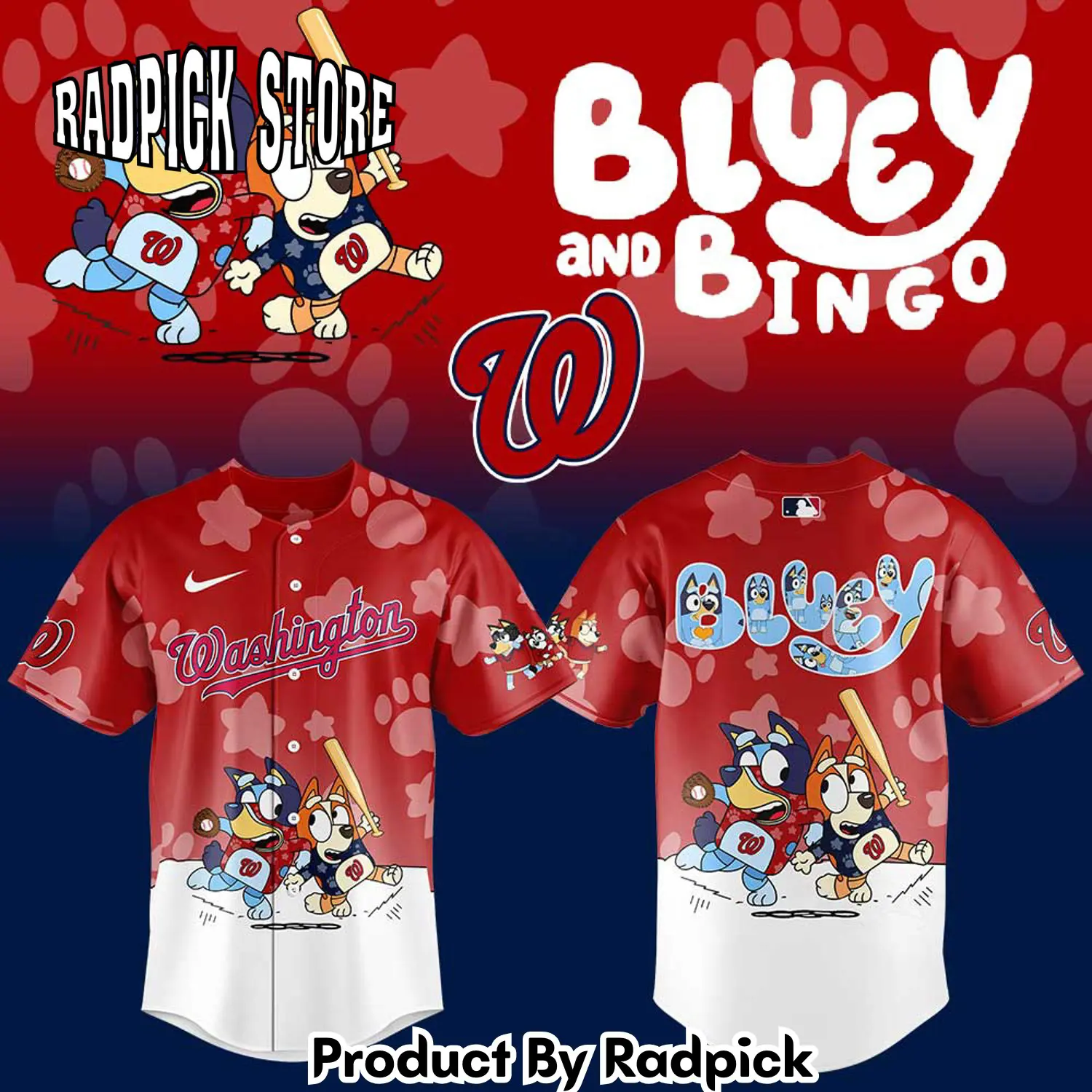 Radpick washington nationals bluey and bingo baseball jersey rp12710